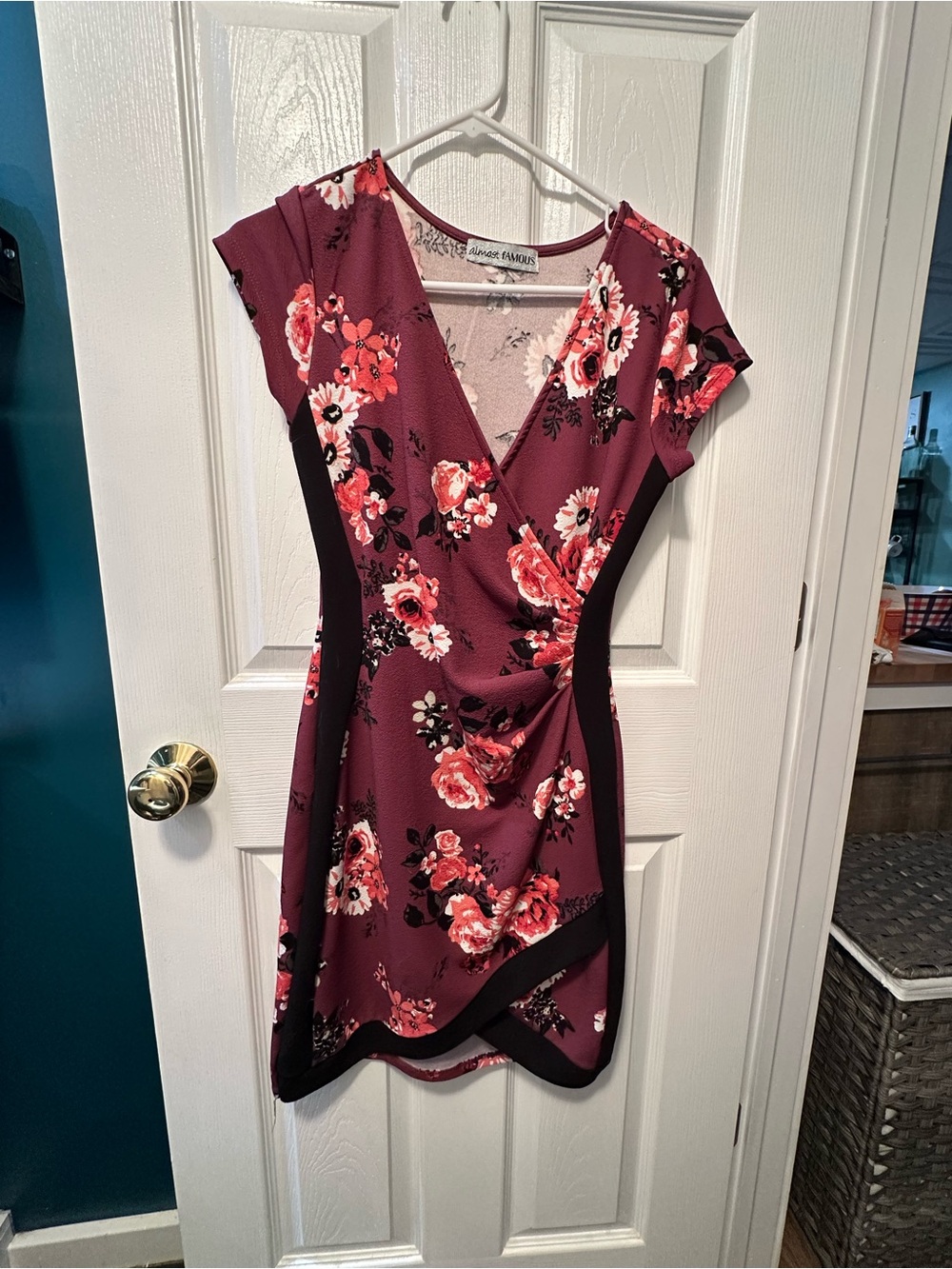 Floral Wrap Mini Dress in Burgundy with Black Trim